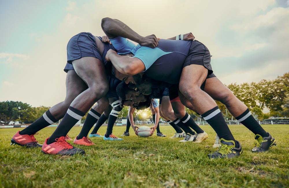 Rugby,Fitness,,Scrum,Or,Men,Training,In,Stadium,On,Grass
